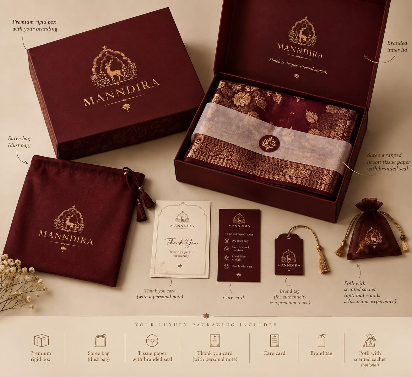 Manndira burgundy and gold luxury packaging concept, including rigid box, saree bag, thank you card and potli